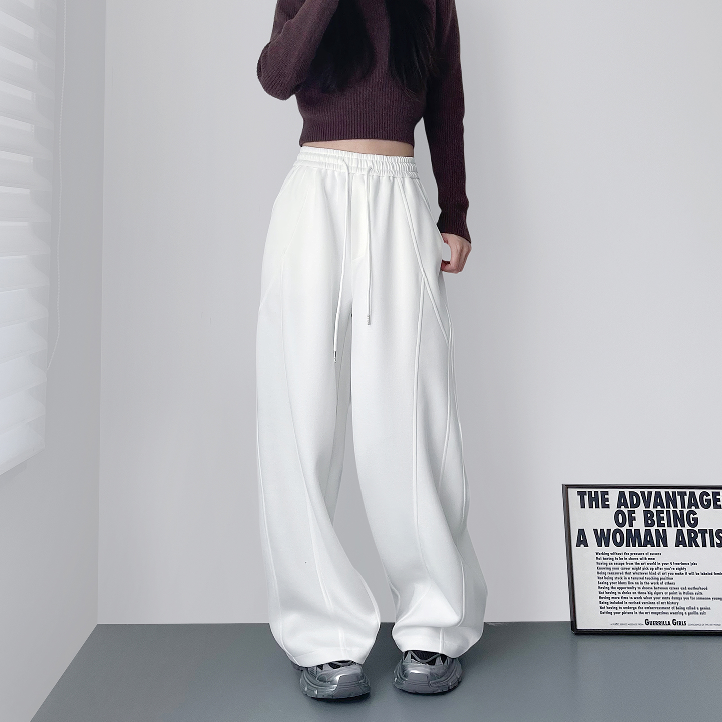 运动裤大码显瘦慵懒微胖女孩阔腿裤冬季小个子宽松白色香蕉卫裤子 - 图0