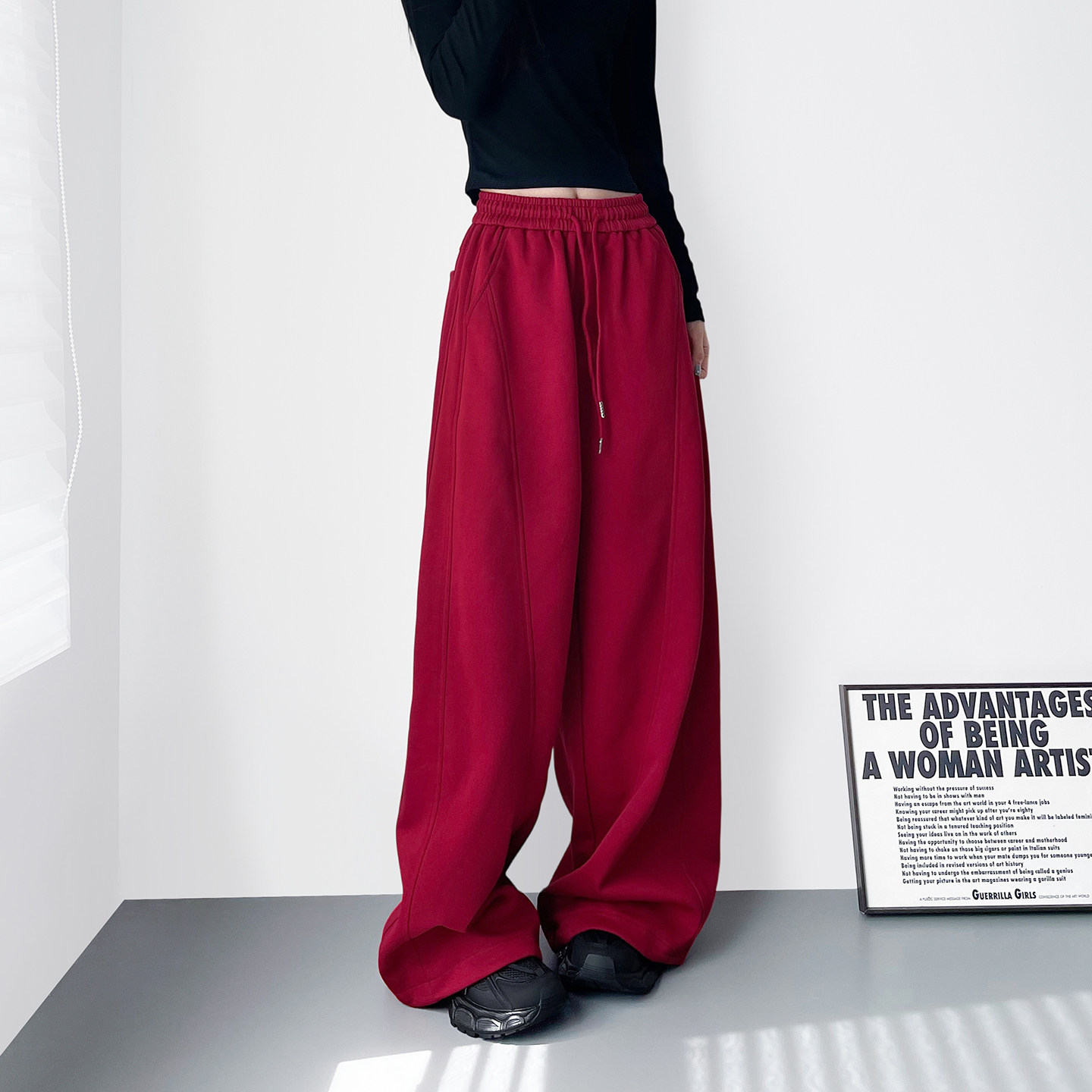 红色高腰垂感慵懒风运动卫裤子女冬季新款大码胖mm显瘦加绒阔腿裤,淘宝优惠券,粉丝福利购,淘宝优惠卷