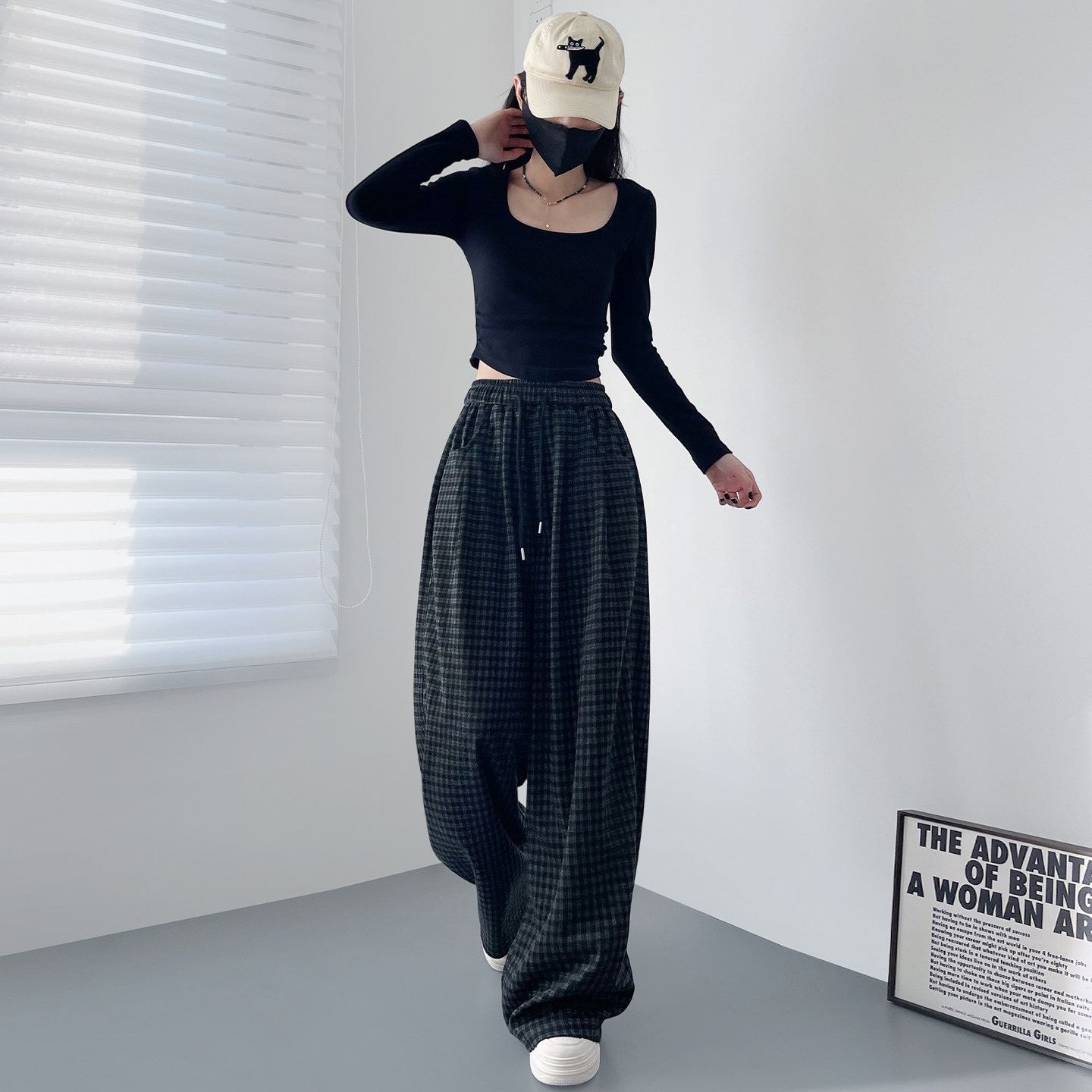 春季新款高腰格子慵懒风阔腿裤女大码胖mm宽松显瘦松弛感休闲长裤,淘宝优惠券,粉丝福利购,淘宝优惠卷