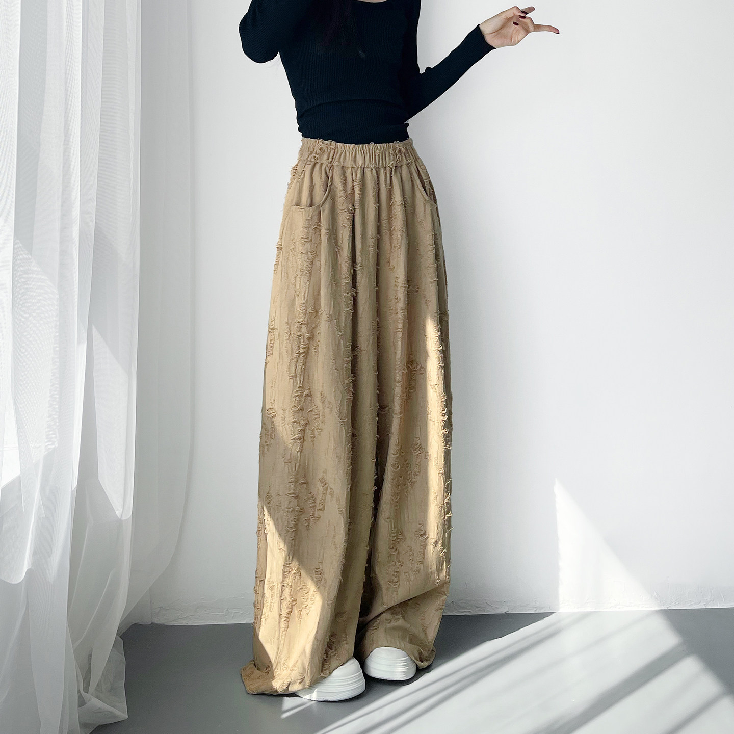 大码设计感破洞裤女春季新款胖mm高腰垂感阔腿裤梨形身材乞丐长裤,淘宝优惠券,粉丝福利购,淘宝优惠卷