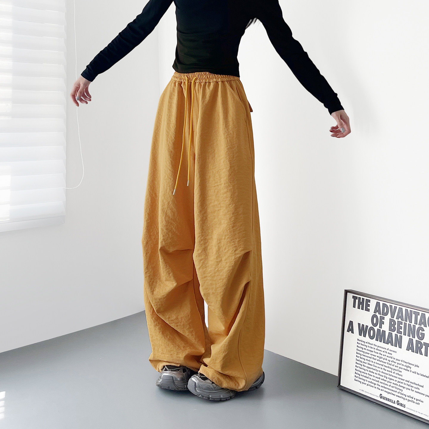 大码肌理感压褶阔腿裤女秋季新款胖mm宽松显瘦慵懒运动休闲长裤子,淘宝优惠券,粉丝福利购,淘宝优惠卷