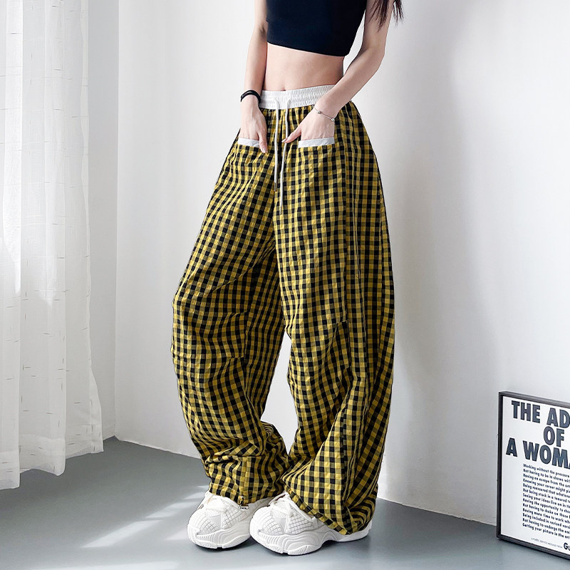 大码宽松显瘦夏季撞色格子阔腿裤女胖mm慵懒风跳舞酷飒休闲运动裤,淘宝优惠券,粉丝福利购,淘宝优惠卷