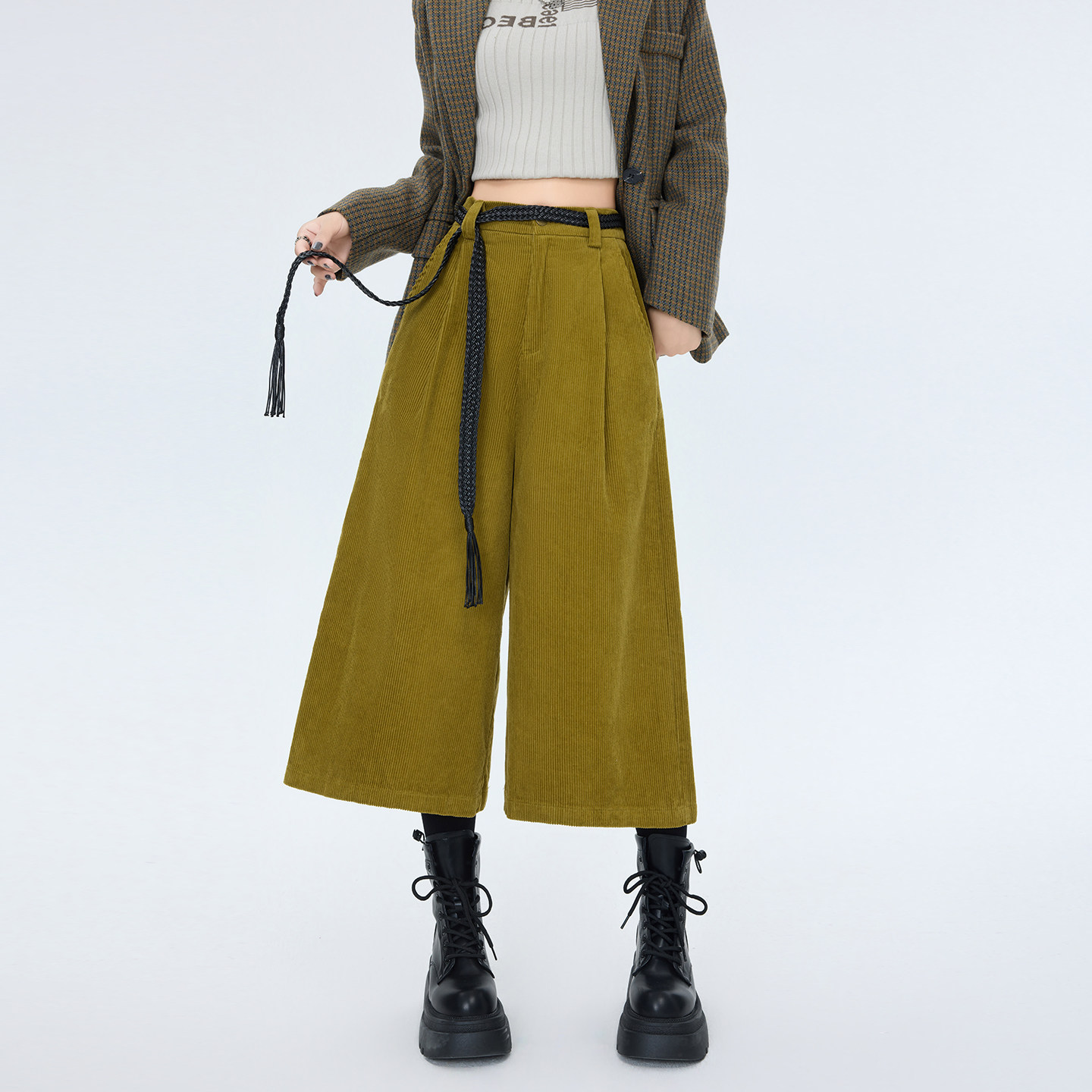 大码复古老钱风腰部系带设计感七分裤女冬季胖mm灯芯绒时髦阔腿裤,淘宝优惠券,粉丝福利购,淘宝优惠卷