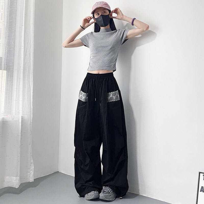 大码白色不透冰丝休闲阔腿裤女夏日松弛感胖mm蕾丝花边口袋工装裤,淘宝优惠券,粉丝福利购,淘宝优惠卷