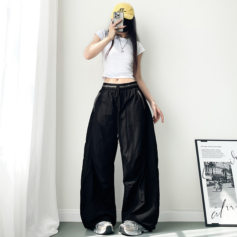 白色不透冰丝高腰拼接阔腿裤女大码胖mm显瘦宽松慵懒风运动直筒裤,淘宝优惠券,粉丝福利购,淘宝优惠卷