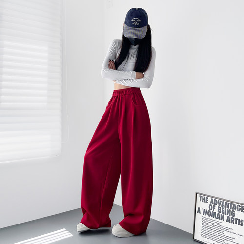 大码黑色卫裤奶芙阔腿裤女2026秋季胖mm慵懒风松弛感运动休闲裤子 - 图2