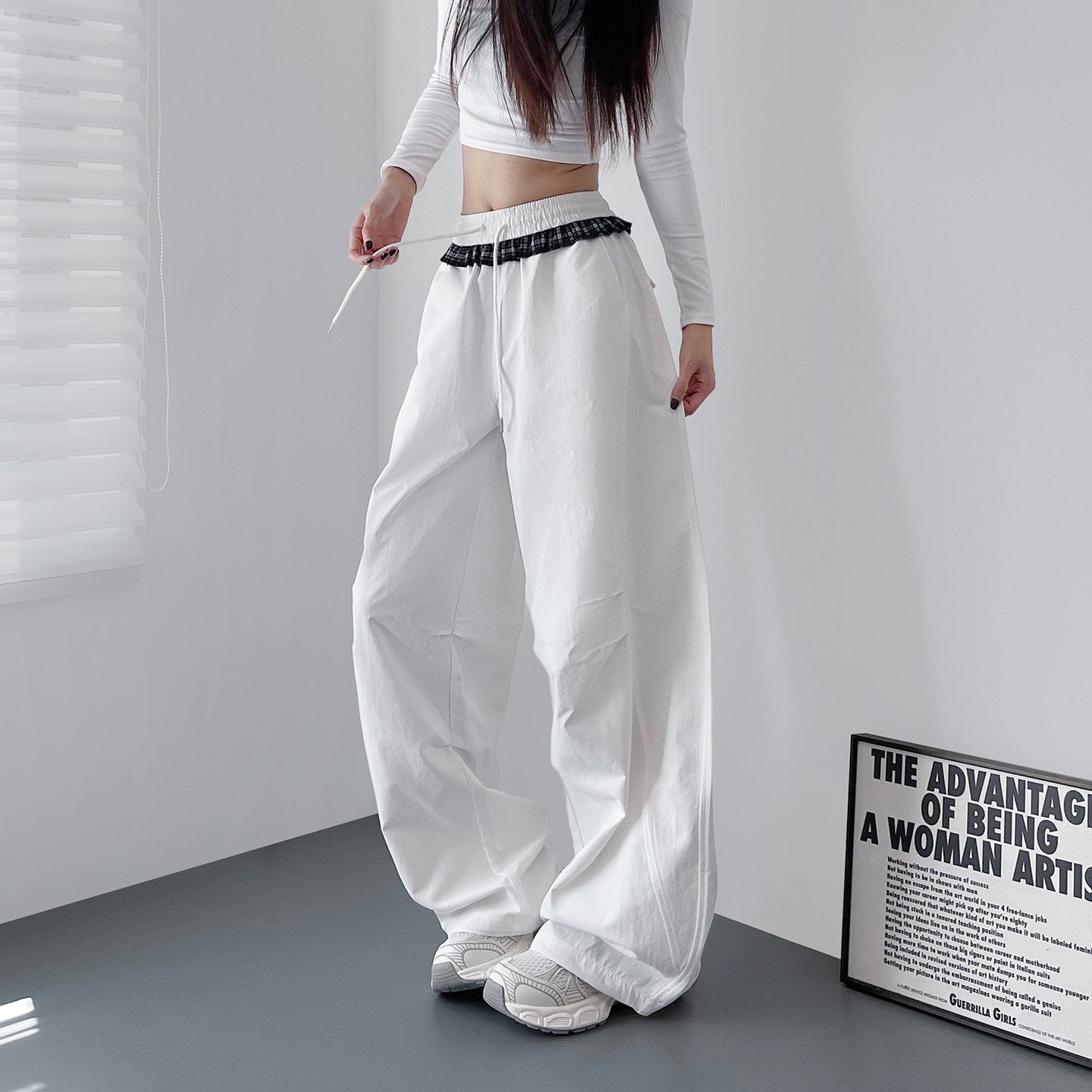 大码白色压褶拼接阔腿裤女春季新款胖mm显瘦奶芙梨形身材运动卫裤,淘宝优惠券,粉丝福利购,淘宝优惠卷