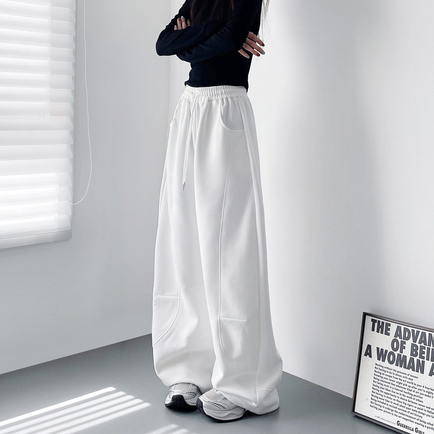 大码白色软糯奶芙阔腿裤女春季新款胖mm显瘦宽松慵懒风运动卫裤子,淘宝优惠券,粉丝福利购,淘宝优惠卷