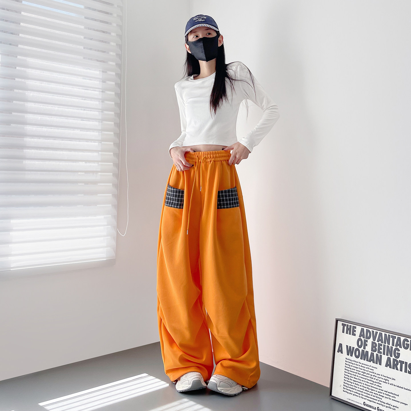 大码氛围感拼接格子红色阔腿裤子女春季新款胖mm显瘦拖地运动卫裤,淘宝优惠券,粉丝福利购,淘宝优惠卷