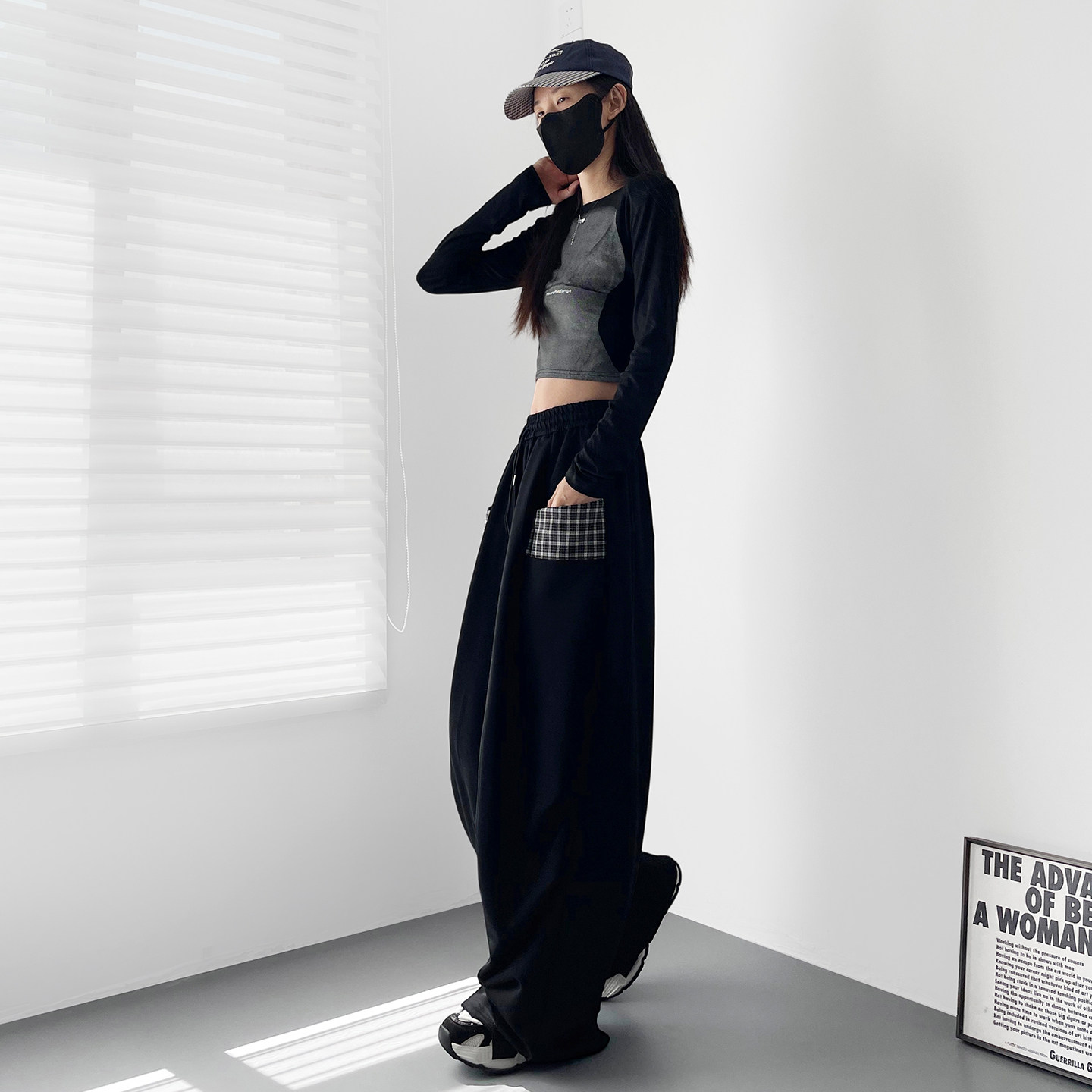 大码白色拼接格子口袋阔腿裤女秋季胖mm宽松显瘦软糯休闲运动裤子,淘宝优惠券,粉丝福利购,淘宝优惠卷