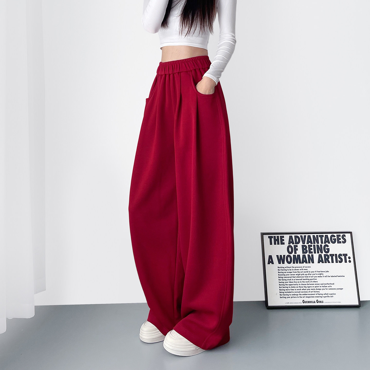 大码红色慵懒风梨型身材显瘦阔腿裤女秋季胖mm加绒松弛感运动长裤,淘宝优惠券,粉丝福利购,淘宝优惠卷