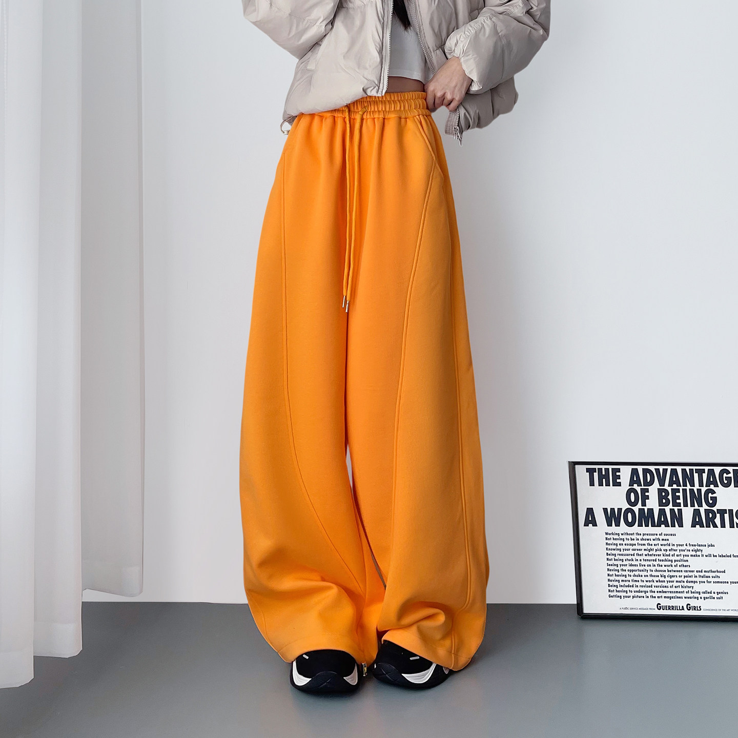 大码设计感高腰显瘦宽松阔腿裤冬季新款胖mm加绒加厚拼接运动卫裤,淘宝优惠券,粉丝福利购,淘宝优惠卷