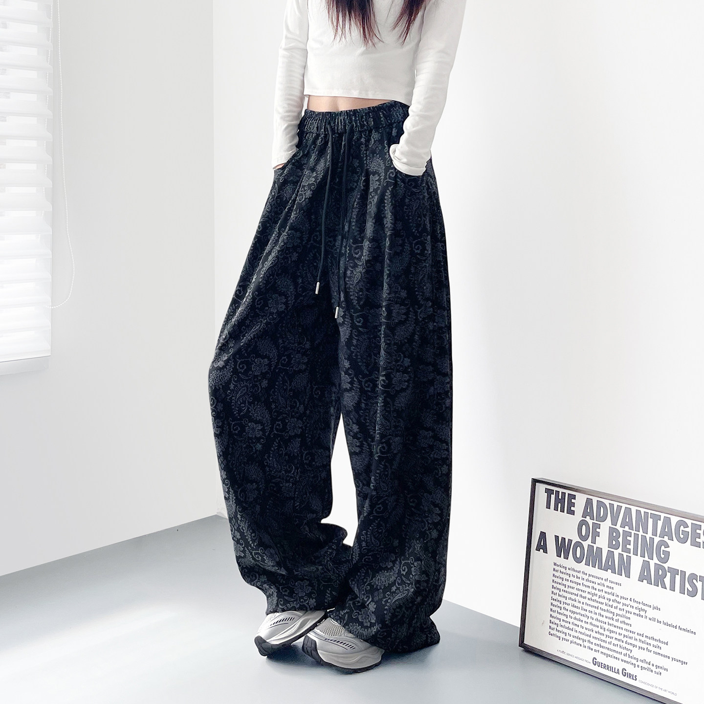 大码个性腰果印花阔腿裤女2026春季新款胖mm显瘦酷飒慵懒风拖地裤,淘宝优惠券,粉丝福利购,淘宝优惠卷