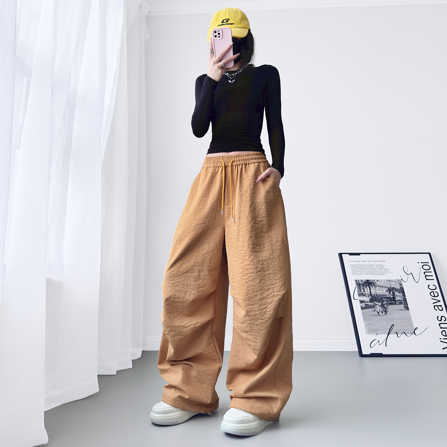 高腰肌理感压褶运动裤女2025秋季流行爆款大码胖mm显瘦慵懒阔腿裤,淘宝优惠券,粉丝福利购,淘宝优惠卷