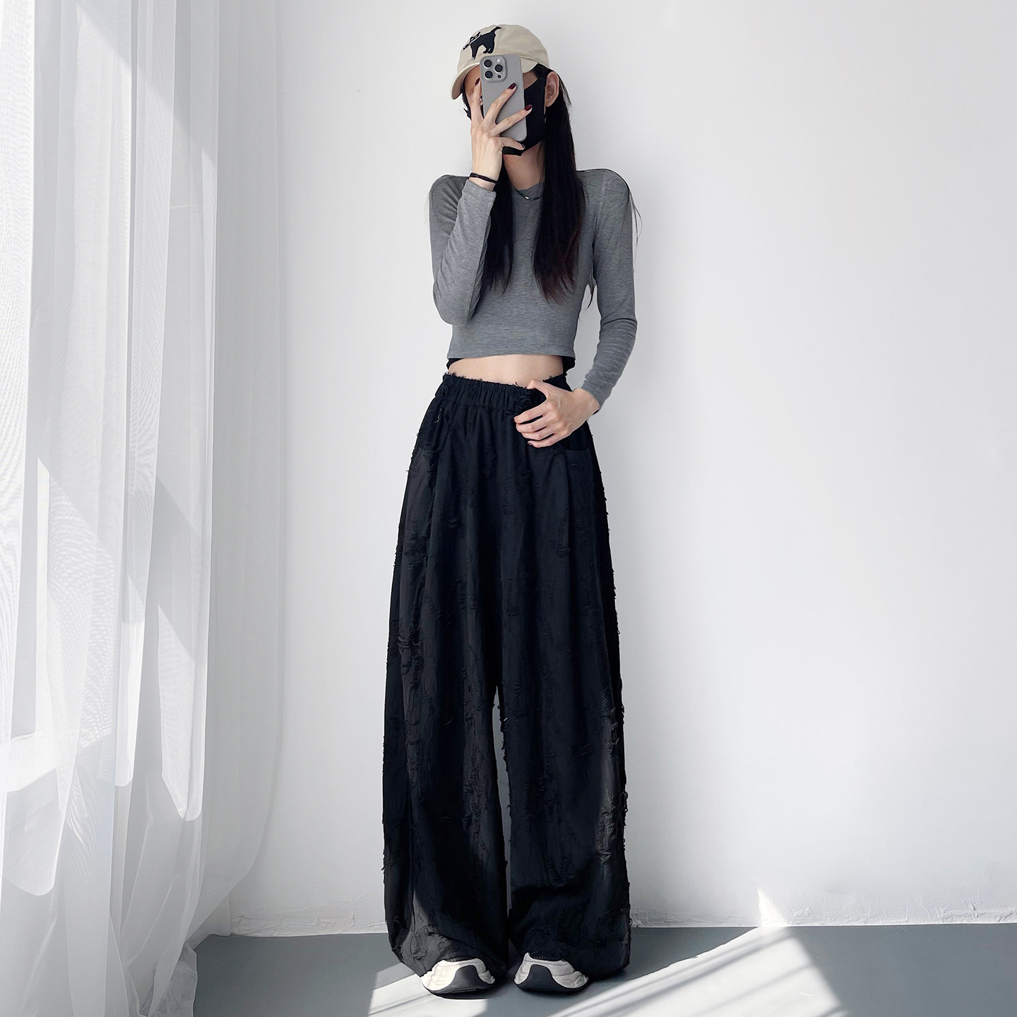 大码设计感破洞裤女春季新款胖mm高腰垂感阔腿裤梨形身材乞丐长裤,淘宝优惠券,粉丝福利购,淘宝优惠卷