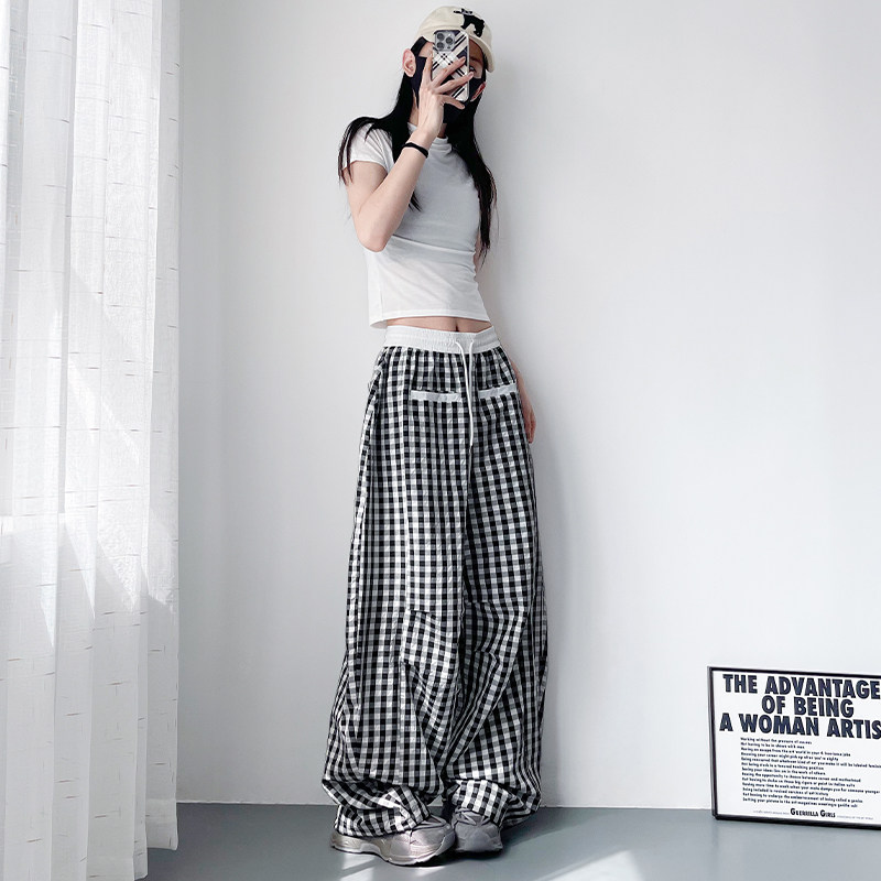 大码宽松显瘦夏季撞色格子阔腿裤女胖mm慵懒风跳舞酷飒休闲运动裤,淘宝优惠券,粉丝福利购,淘宝优惠卷