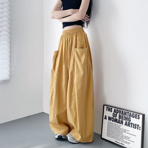 姜黄色设计感大码松弛感胖mm2026夏季新款高腰遮肉显瘦弯刀拖地裤 - 图0