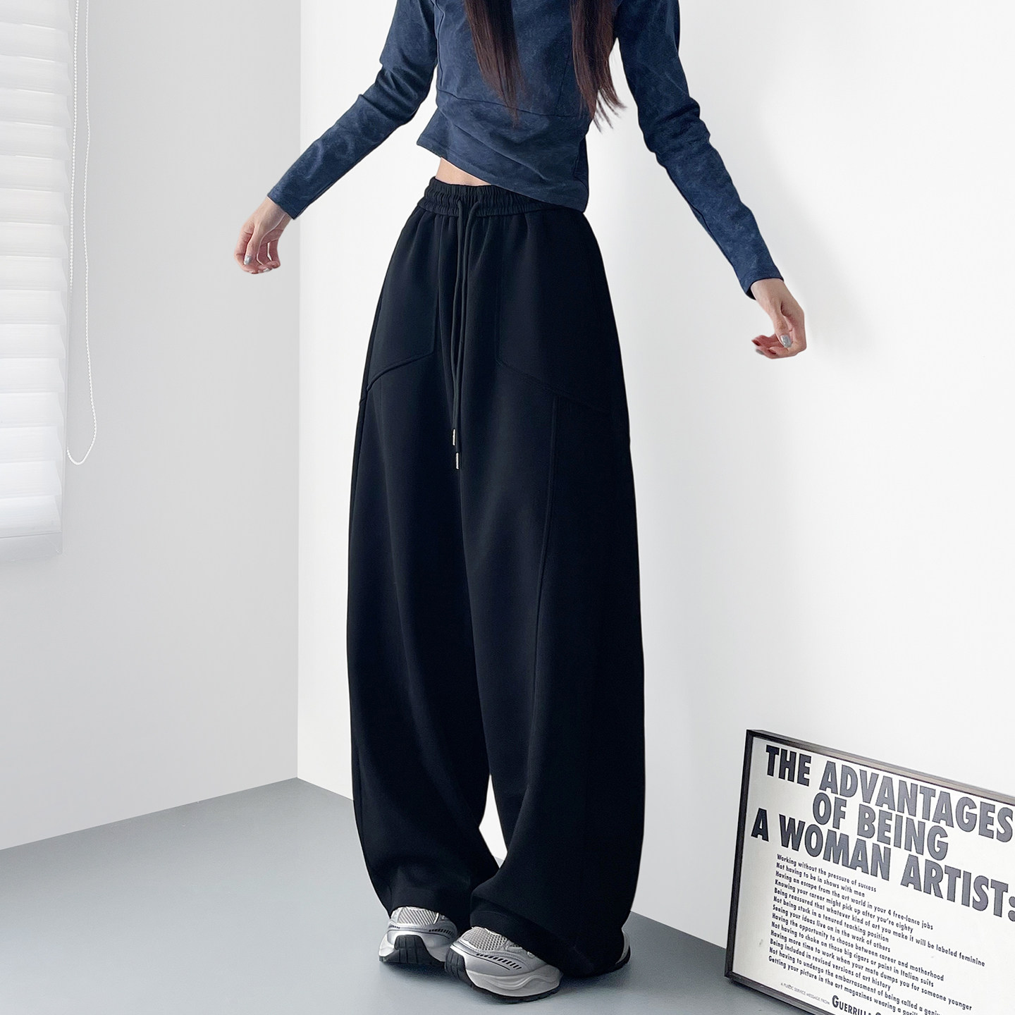 大码美式黑色弯刀裤女2025春季新款胖mm显瘦宽松小个子运动阔腿裤,淘宝优惠券,粉丝福利购,淘宝优惠卷