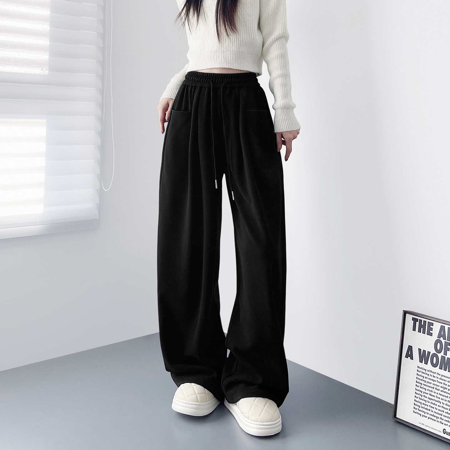 大码窄版仿羊绒云朵阔腿裤裤女冬季胖mm显瘦垂感慵懒风运动弯刀裤,淘宝优惠券,粉丝福利购,淘宝优惠卷