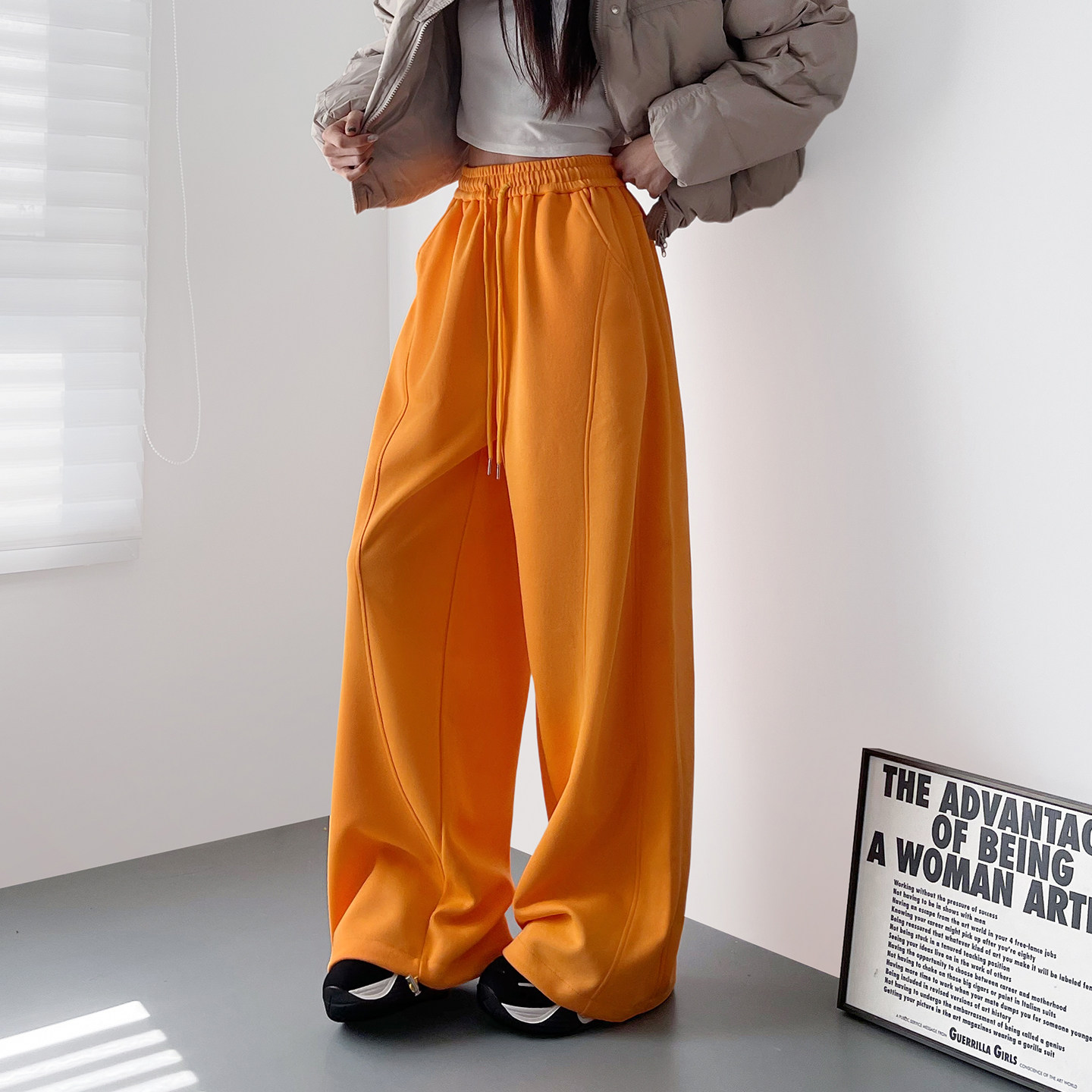 大码设计感高腰显瘦宽松阔腿裤冬季新款胖mm加绒加厚拼接运动卫裤,淘宝优惠券,粉丝福利购,淘宝优惠卷