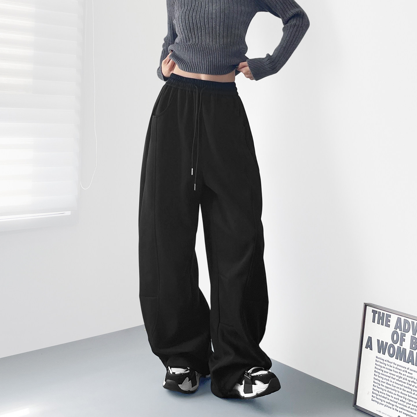 美式高腰抽绳运动裤女冬季新款大码胖mm保暖显瘦加绒酷飒阔腿卫裤,淘宝优惠券,粉丝福利购,淘宝优惠卷