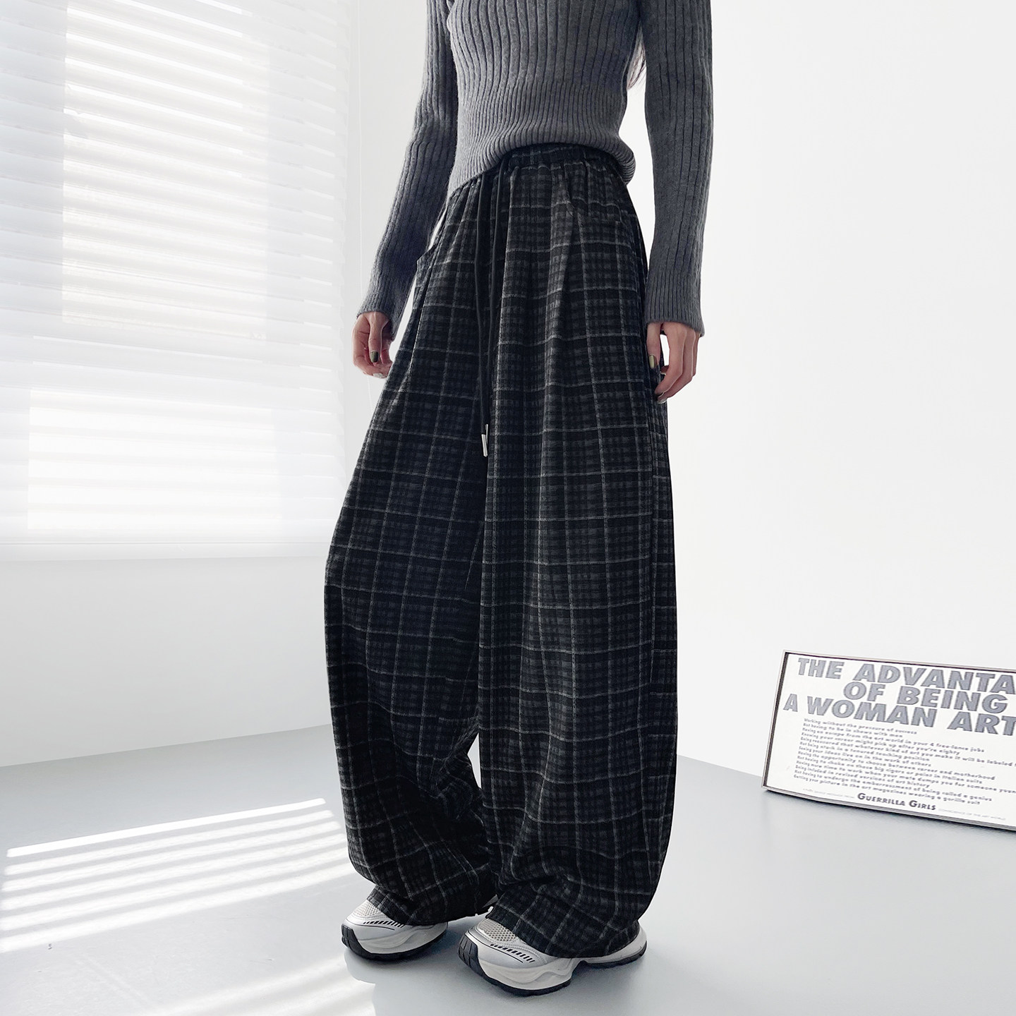 大码格子阔腿裤女冬季高腰垂感软糯堆堆裤胖mm显瘦加厚防风香蕉裤,淘宝优惠券,粉丝福利购,淘宝优惠卷