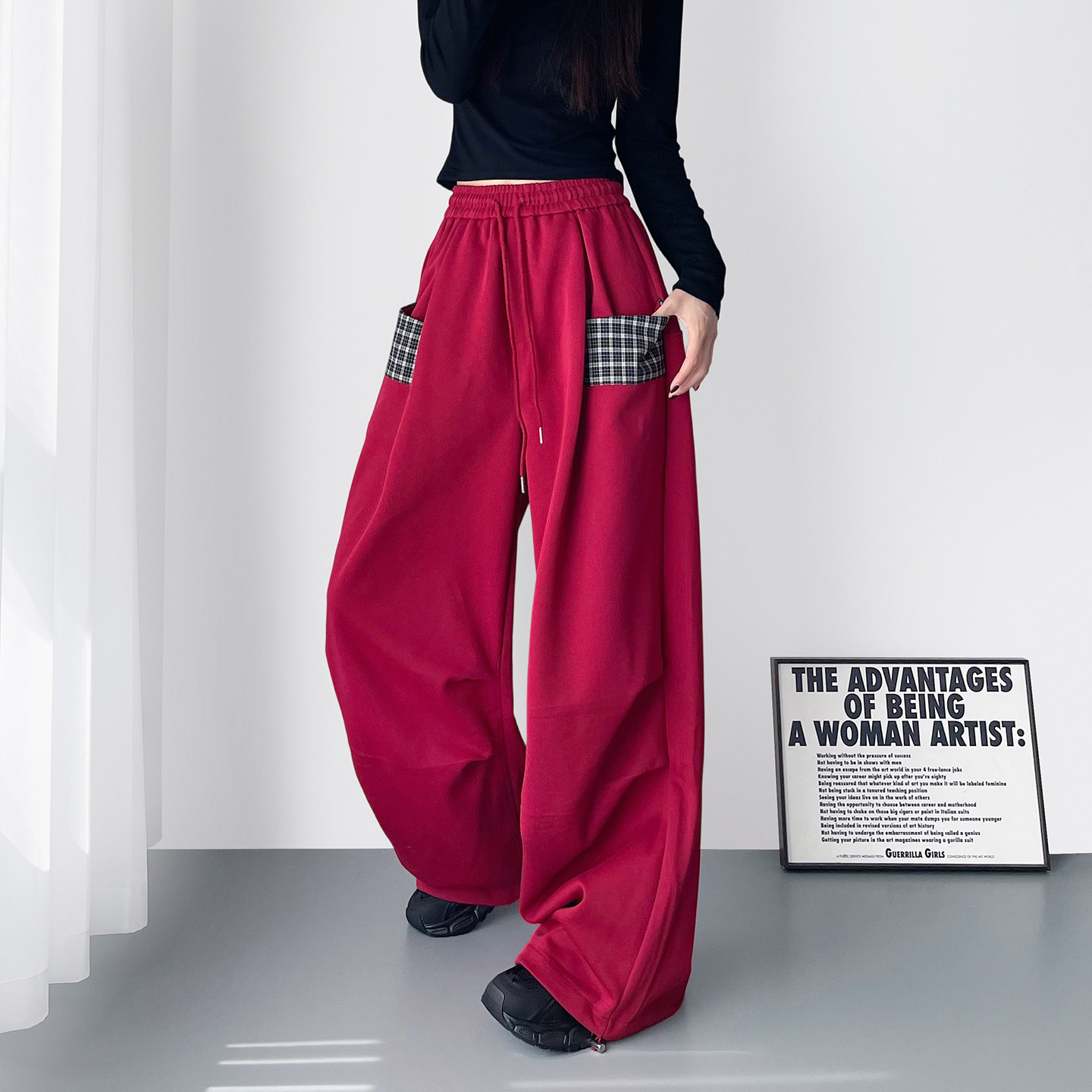 大码氛围感拼接格子红色阔腿裤子女春季新款胖mm显瘦拖地运动卫裤,淘宝优惠券,粉丝福利购,淘宝优惠卷