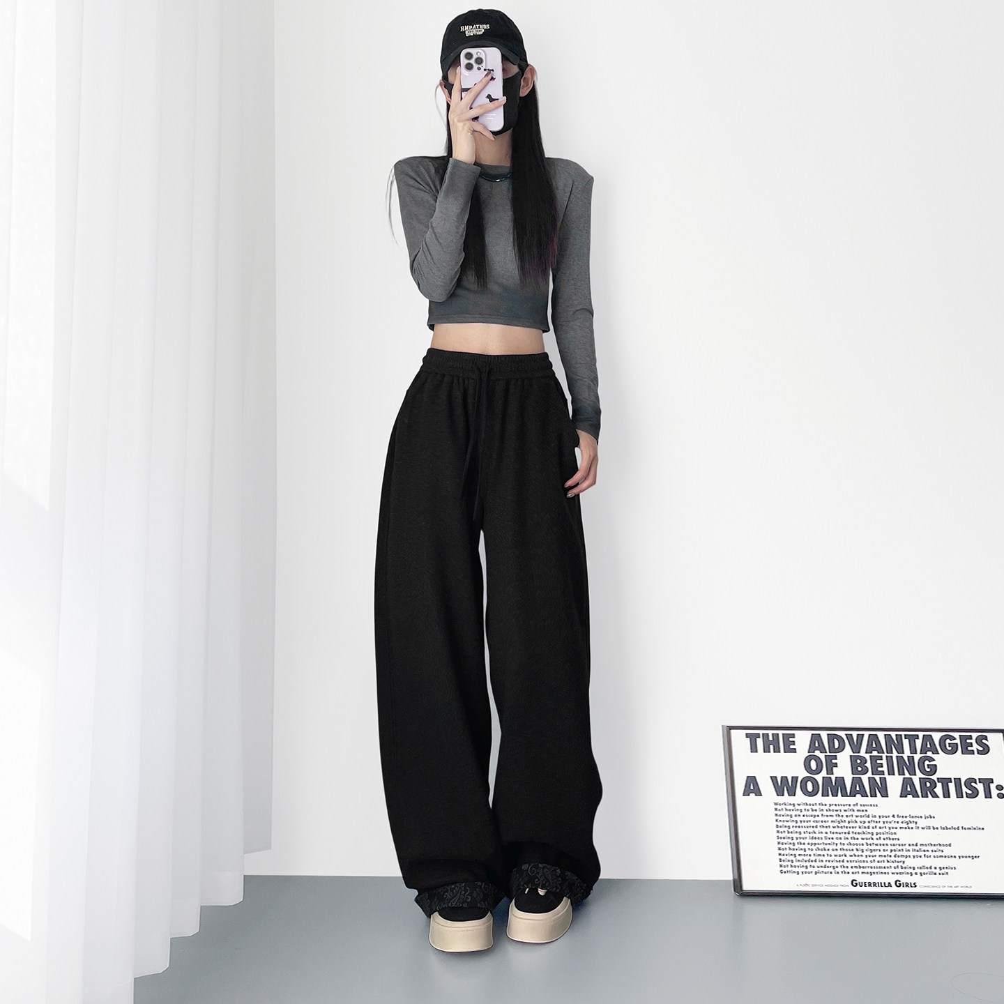 仿羊绒复古慵懒风拼接阔腿裤女冬季新款设计感大码胖mm显瘦卫裤子,淘宝优惠券,粉丝福利购,淘宝优惠卷