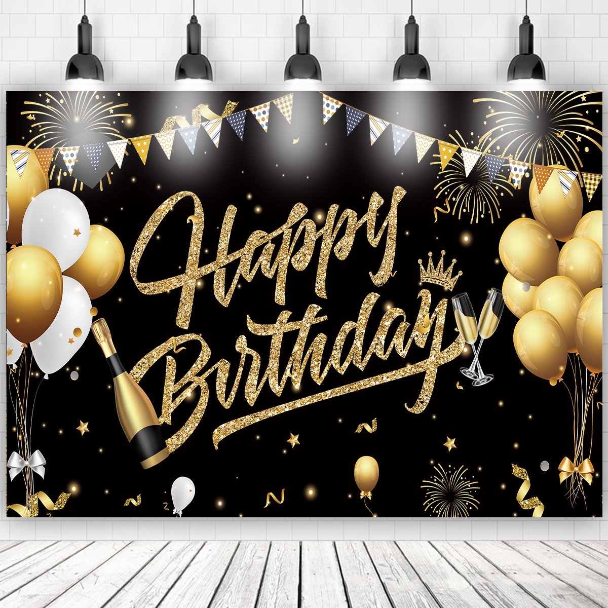 Happy Birthday Backdrop Banner Large Black Gold Balloon Star - 图0