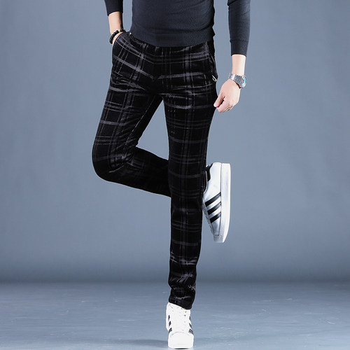 男装直筒裤潮牌棋盘格男士休闲裤弹力显瘦原创设计秋冬金丝绒西裤 - 图0