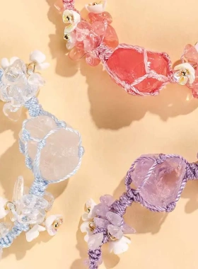 新中式森系天然水晶手链手绳纯手工编织百搭高级感西瓜红网兜手饰