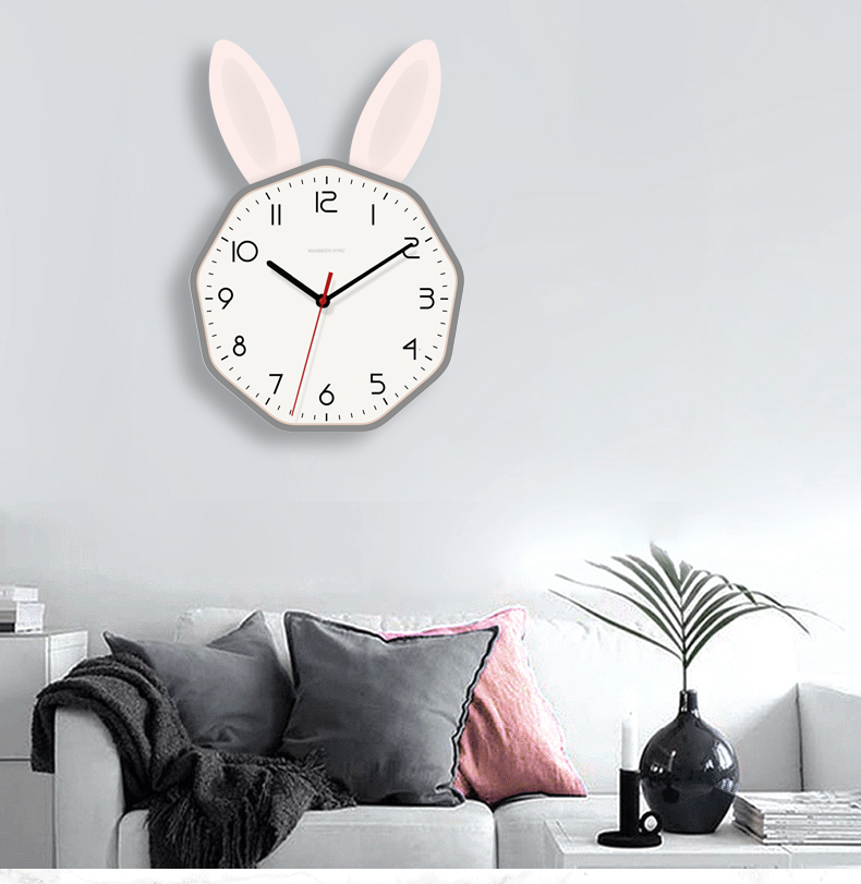 可爱小清新卡通客厅挂钟静音扫秒儿童房北欧创意卧室兔子钟表挂墙-图0