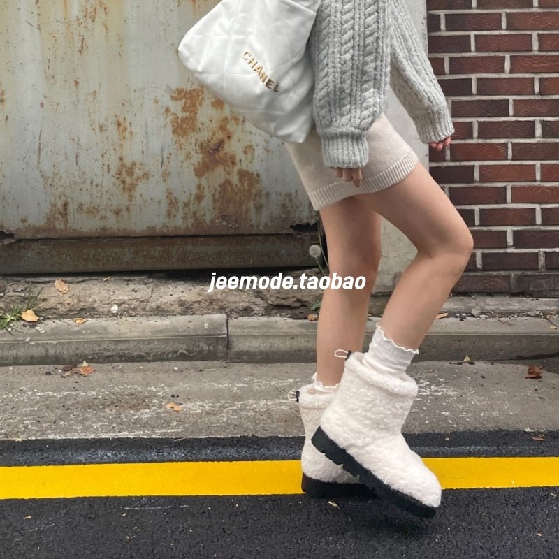 小池在首尔东大门冬季新款卷卷毛加厚仿羊羔绒抽绳小众休闲雪地靴,淘宝优惠券,粉丝福利购,淘宝优惠卷