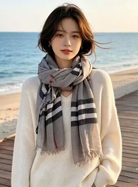 文艺氛围复古格纹辣妹百搭长款围巾女春秋时尚披肩保暖护颈丝巾