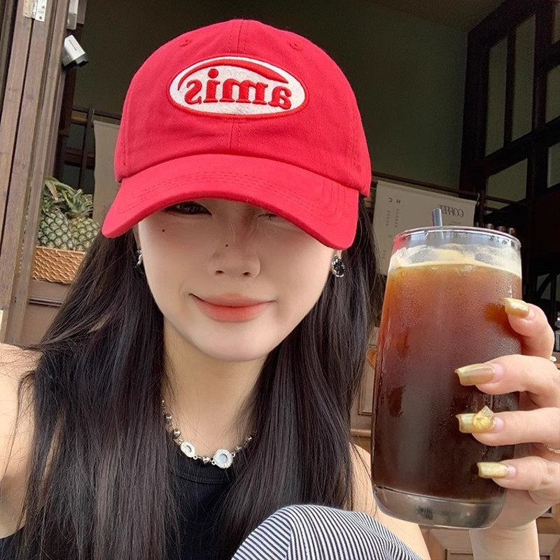 ins风红色鸭舌帽男女春夏季休闲贴布百搭软顶大头围棒球帽,淘宝优惠券,粉丝福利购,淘宝优惠卷