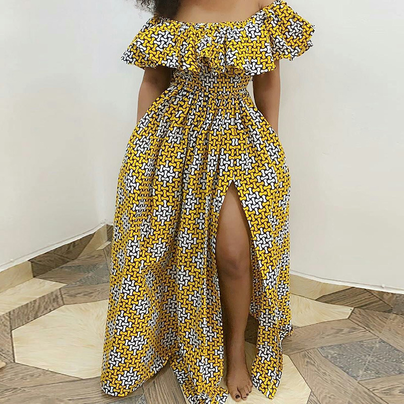 一字肩收腰赫本风非洲印花碎花连衣裙Off-Shoulder African Dress - 图0