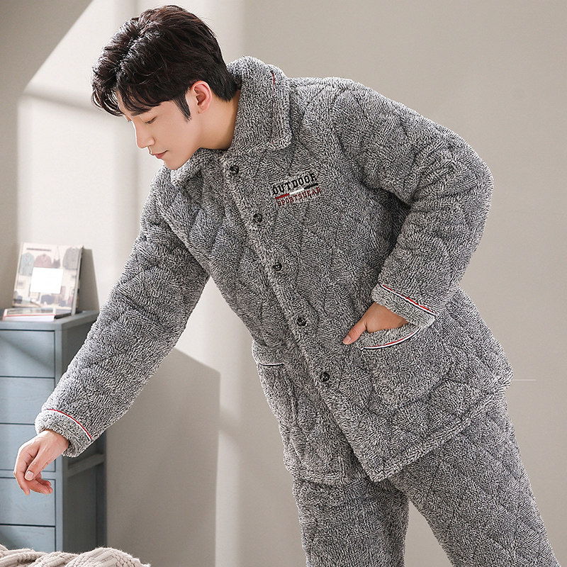 男士秋冬季三层加绒冬天珊瑚绒夹棉 轩朵淇服饰睡衣/家居服套装