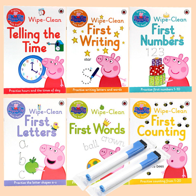 进口英文原版正版 小猪佩奇100个单词纸板书 Peppa Pig First 100 WordsWipe-Clean workbook 可重复擦写刷刷笔7册合售粉红猪小妹