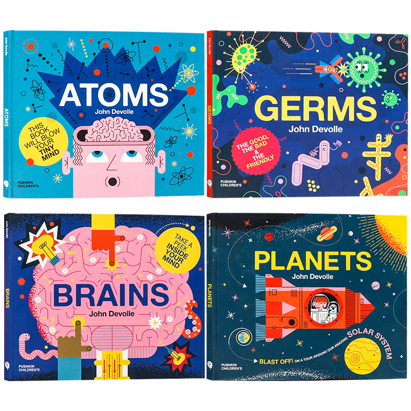 小脑袋大科学儿童绘本4册 Brains大脑 英文原版 Germs病菌 Planets星球 Atoms原子 儿童科普知识启蒙图画书 全彩插画 John Devolle,淘宝优惠券,粉丝福利购,淘宝优惠卷