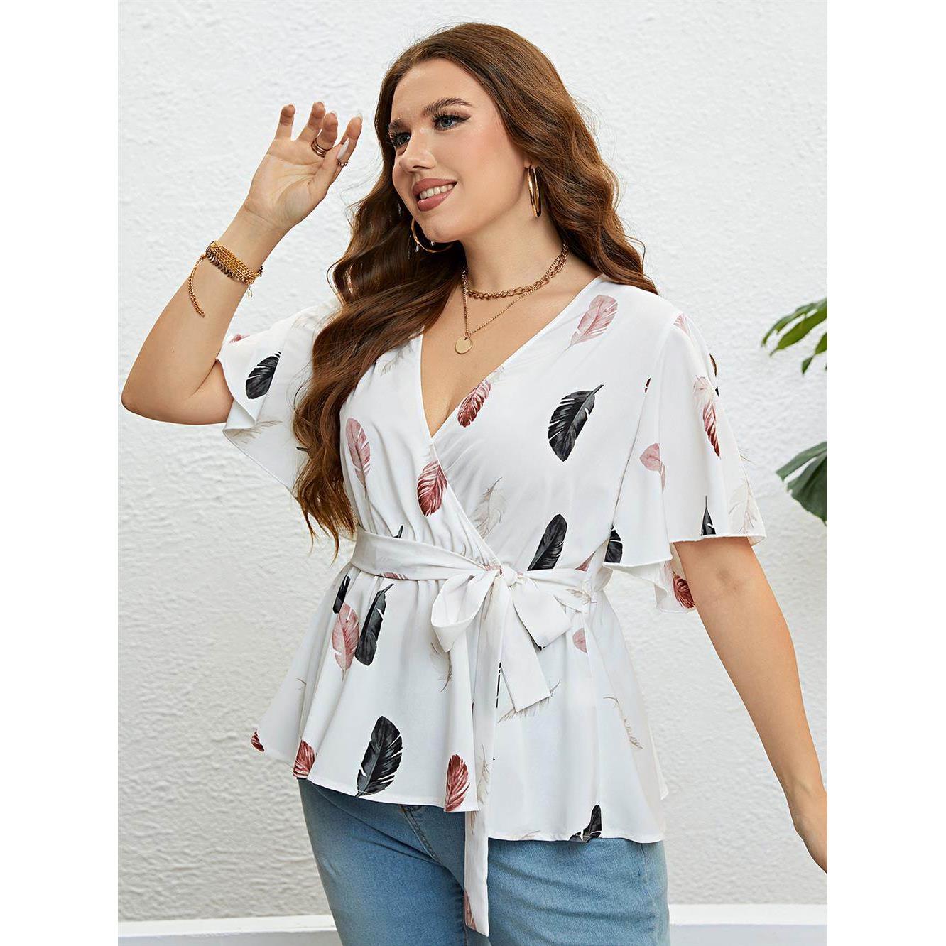 夏季V领收腰显瘦上衣女 plus size summer Deep V women shirts-图2