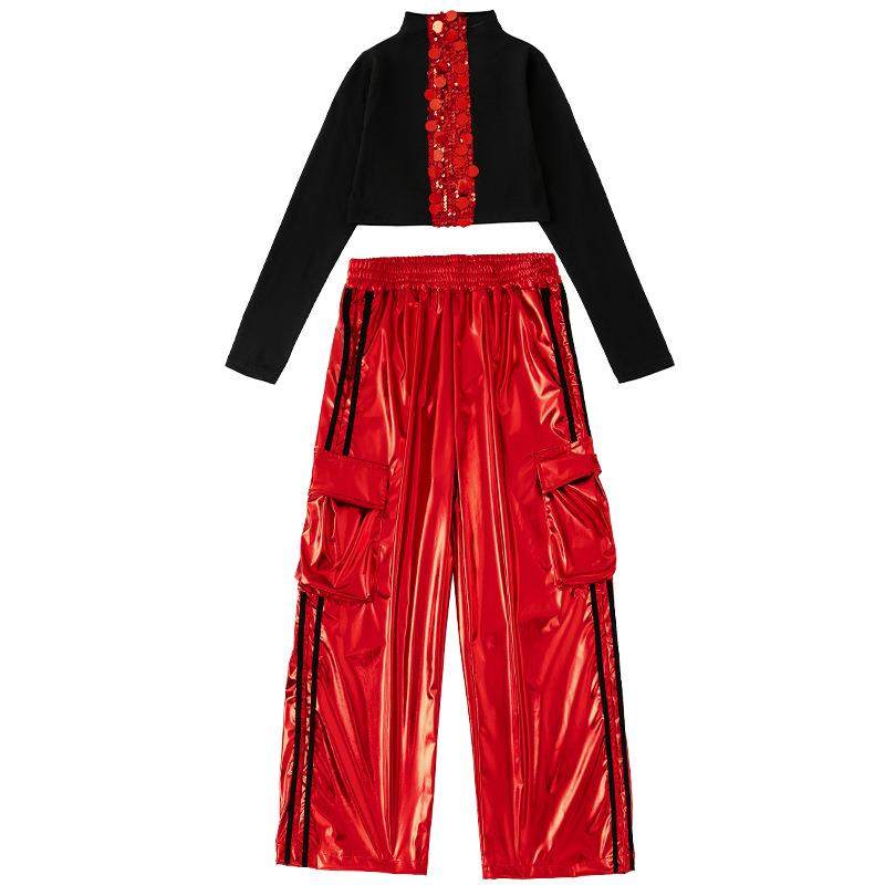 女童爵士舞套装露脐黑红亮片皮裤舞蹈服jazz女孩街舞元旦表演服装,淘宝优惠券,粉丝福利购,淘宝优惠卷