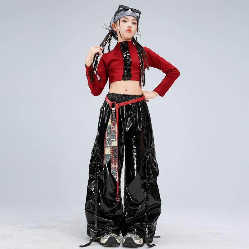 少儿爵士舞服装露脐黑红亮片皮裤套装女童jazz街舞潮服元旦演出服,淘宝优惠券,粉丝福利购,淘宝优惠卷