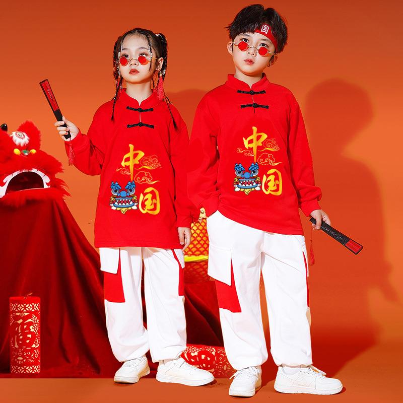 儿童元旦演出服男童嘻哈街舞女童啦啦队中国风卫衣套装走秀国潮 - 图2
