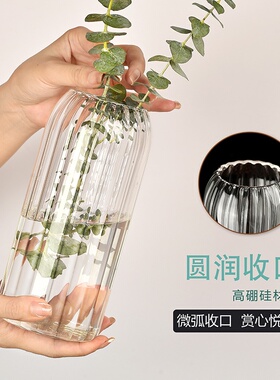 透明玻璃花瓶制品水培植物插花器轻奢家居客厅摆件条纹玻璃瓶