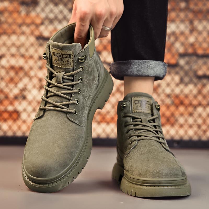 潮牌英伦风时尚覆古马丁靴男士翻毛皮厚底增高中帮短靴高帮工装靴 - 图2