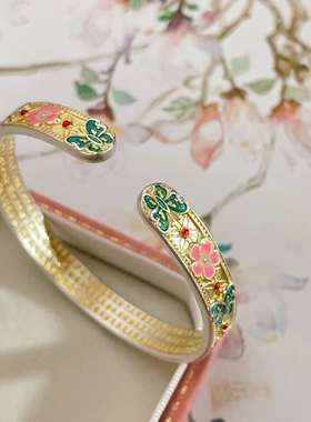 原创999.9足银24K描金珐琅五瓣花蝴蝶纯银实心手镯送闺蜜女友礼物