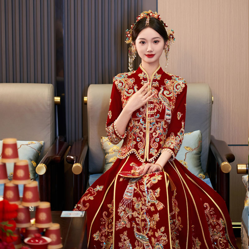 丝绒秀禾服2025新款新娘重工龙凤褂中式婚服高端显瘦秀和服小个子 - 图2