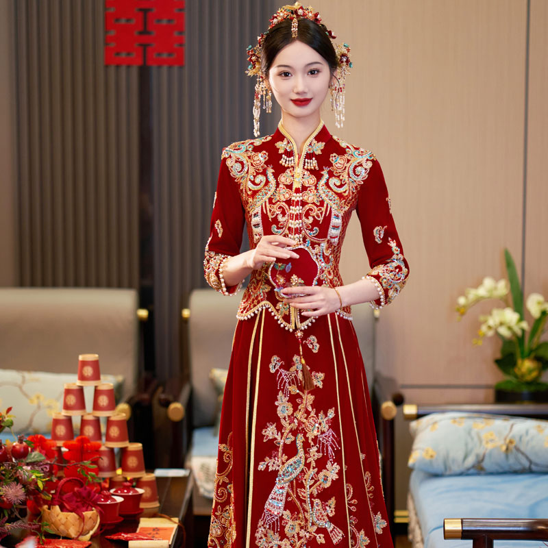 丝绒秀禾服2025新款新娘重工龙凤褂中式婚服高端显瘦秀和服小个子 - 图3