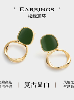 JAY墨绿色复古耳环港风设计