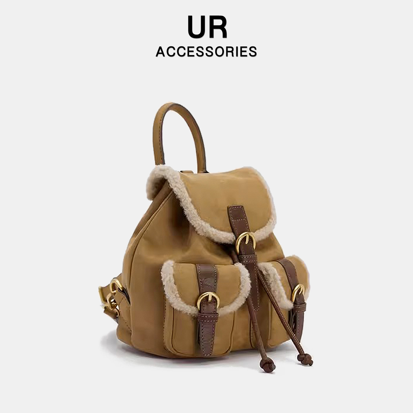 UR小背包2025新款女士秋冬复古麂皮绒双肩包拼接羊羔毛多口袋书包 - 图0